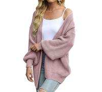 Cardigan Aperto sul Davanti da Donna, in Maglia Grossa, con Maniche A Lanterna Larghe, Oversize, Lunghi, Boyfriend, Primavera, Autunno, Rosa, Taglia L