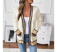 Cardigan Beige Lungo Con Profili A Contrasto Elegante E Casual CF52298