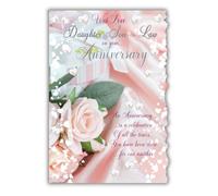 Cardigan Cards Biglietto di anniversario per figlia e genero - grazioso design floreale con cuori - finitura flitter - bordo smerlato - biglietto di auguri per anniversario per una coppia speciale
