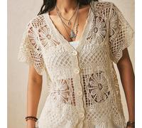 Cardigan casual da donna taglie forti a maniche corte con scollo a V, ricamo traforato e top in crochet, top estivo carino per outfit da spiaggia e vacanza, stile country e bohémien, motivi lavorati a