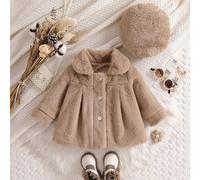 Cardigan con colletto in pelliccia e collo alla Peter Pan, a maniche lunghe e con bottoni, per bambine, in colore tinta unita. Abbinato a un basco, un outfit elegante e versatile per le bambine, adatt