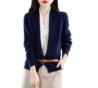 Cardigan con scollo a V, da donna, in lana, per ufficio, da donna, lavorato a maglia, blu navy, M