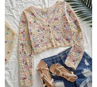 Cardigan corto con scollo a V e bottoni, stile patchwork, moda donna per vacanze; Top corto all'uncinetto stile granny square, stile vacanza, casual estivo, bohémien, spiaggia, boho chic, festival, sp