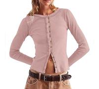Cardigan corto da donna aperto sul davanti con bottoni a costine maglia a maniche lunghe casual tinta unita crop top cardigan maglioni, rosa, L