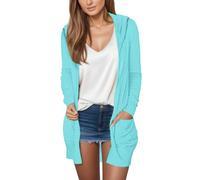 Cardigan da donna, a maniche lunghe, a maglia, comodo, aperto, senza bottoni, leggero, casual, con tasche, a maniche lunghe, con cappuccio, Celeste., L