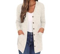 Cardigan da donna a maniche lunghe, aperto sul davanti, con bottoni, a costine, leggero, lavorato a maglia, con tasca, 1B-Beige, XL