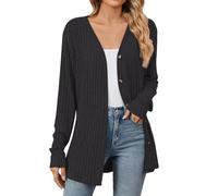 Cardigan da donna a maniche lunghe, aperto sul davanti, con bottoni, a costine, leggero, lavorato a maglia, con tasca, 1c-nero, XXL