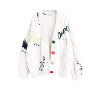 Cardigan da donna a maniche lunghe in maglia intrecciata, apertura frontale, scollo a V a forma di pecora, chiusura a bottoni, maglione cappotto in misto lana con ricamo, capispalla., bianco, Taglia