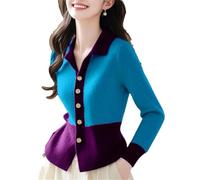 Cardigan da donna a maniche lunghe, lavorato a maglia, stile patchwork, Blu, M