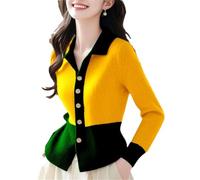 Cardigan da donna a maniche lunghe, lavorato a maglia, stile patchwork, Giallo, XL