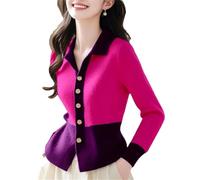 Cardigan da donna a maniche lunghe, lavorato a maglia, stile patchwork, Rosso rosato, M