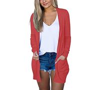 Cardigan da donna a maniche lunghe, lungo, leggero, casual, con tasche, a maniche lunghe, con scollo a V, vintage, classico, cardigan, Rosso anguria., XL