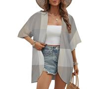 Cardigan da Donna a Quadri Grigio Beige e Avorio, Giacca Casual a Maniche Lunghe alla Moda