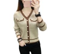 Cardigan da donna a righe con perline maglione con scollo a V patchwork manica lunga maglia inferiore corta top, Caff chiaro, M