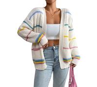 Cardigan da donna aperto sul davanti, a righe colorate con spalle scese, oversize, morbido, casual, a maniche lunghe, copertura per tutti i giorni alla moda autunnale (S), Beige, XL