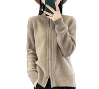 Cardigan da donna con collo alto, cerniera completa, a maniche lunghe, aperto sul davanti, con doppia cerniera, Cammello, M plus