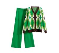 Cardigan da donna con scollo a V a maniche lunghe e pantaloni della tuta casual a vita alta lavorati a maglia, set da 2, EN8, M