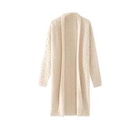 Cardigan da donna con scollo a V intrecciato lungo in lana tinta unita casual caldo spesso punto aperto maglione outwear, Beige, M