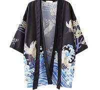 Cardigan da donna con stampa a scialle giapponese, kimono, top coprire, sciolto, maniche a 3/4, camicetta da spiaggia, Nero # 1, taglia unica