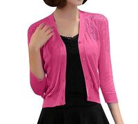 Cardigan da donna corto scavato Air Conditioner Cardigan anteriore aperto lavorato a maglia cardigan con bottoni Giacca a spalla leggera e traspirante Top maniche a 3/4 sottile bolero Top, Rosa
