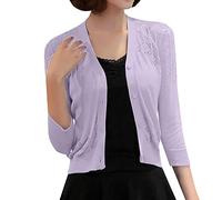 Cardigan da donna corto scavato Air Conditioner Cardigan anteriore aperto lavorato a maglia cardigan con bottoni Giacca a spalla leggera e traspirante Top maniche a 3/4 sottile bolero Top, Lilla, S