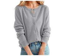 Cardigan da donna, elegante, girocollo, oversize, corto, a maniche lunghe, morbido, in tinta unita, per il tempo libero, classico, lavorato a maglia, 01 grigio chiaro, S