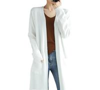 Cardigan da donna in cashmere, casual, lungo, lavorato a maglia, con scollo a V, cardigan, bianco, L
