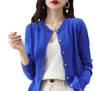 Cardigan da donna in cashmere girocollo, a maniche lunghe, tinta unita, morbido, azzurro, S-M
