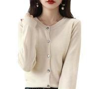Cardigan da donna in cashmere girocollo, a maniche lunghe, tinta unita, morbido, beige, L-XL