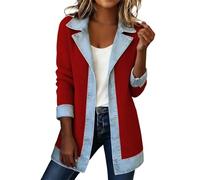 Cardigan da donna in denim patchwork con colletto in jeans, blocco di colore, casual, a maniche lunghe, a maglia, attillato, per il tempo libero, alla moda, R rosso., M