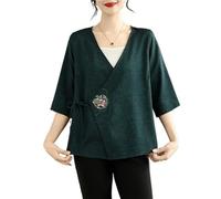 Cardigan Da Donna In Raso Con Lacci In Stile Cinese Camicie Larghe Casual Con Maniche A 3/4 Camicetta Tradizionale Ricamata In Stile Hanfu(Green,L)