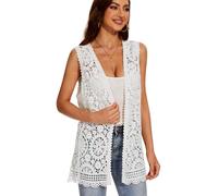 Cardigan da donna lavorato all'uncinetto floreale boho pizzo senza maniche kimono aperto davanti gilet cardigan, Bianco-bb, taglia unica