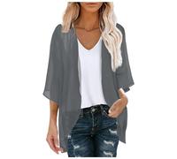 Cardigan da donna tinta unita a tre quarti in chiffon protezione solare cardigan grazioso lucido moda casual confortevole traspirante per tutti i giorni pendolari top, 02# Grigio scuro, XL