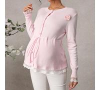 Cardigan da maternità, stile aderente con decorazione floreale, bordo in pizzo al collo e ai polsini, laccio in vita, design con bottone a forma di cuore, casual ed elegante per uso quotidiano e appun