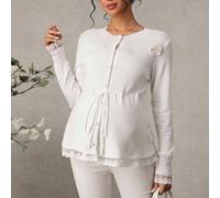 Cardigan da maternità, stile aderente con decorazione floreale, bordo in pizzo su collo e polsini, cintura in vita, design con bottone a forma di cuore, casual ed elegante per uso quotidiano e appunta