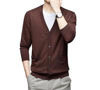 Cardigan da uomo a maniche lunghe 100% lana merino lavorata a maglia con scollo a V, bottoni sul davanti, lavabile in lavatrice, Marrone, L