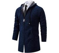 Cardigan da uomo lungo misto felpe con cappuccio foderato in pile full zip maglioni invernali casual strutturato maglione lavorato a maglia, Blu navy, L
