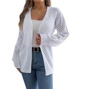 Cárdigan de Punto Knitted Cardigan Hollow out Sweaters Autumn Winter Casual Solid Color Lantern Long Sleeve Tops(White,L)