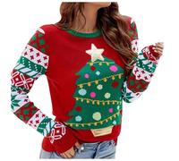 Cardigan donna azzurro casual maglione da donna con scollo rotondo, albero di Natale ricamato, lettere cartone animato, camicetta retrò, verde, L