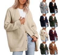 Cardigan Donna Invernale Elegante Giacca Donna Autunno Comoda Maglia Cotone Leggero Taglie Forti Golfino Girocollo a Maniche Lunghe Maglieria Classica con Bottoni(Beige,XXL)