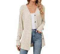 Cardigan Donna Lungo Cotone Elegante Giacca Donna Autunno Leggero Maglia Invernale Oversize Taglie Forti Golfino Girocollo a Maniche Lunghe Maglieria Classica con Bottoni(Beige,XL)