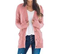 Cardigan Donna Lungo Elegante Invernale Abbigliamento Donna Autunno Leggero Maglieria Cotone Comoda Taglie Forti Golfino Girocollo a Maniche Lunghe Maglia Casual con Bottoni(Rosa,L)