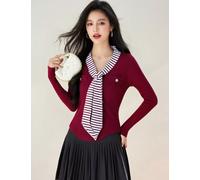 Cardigan Donna Rosso Borgogna Sciarpa A Righe In Maglia Maniche Lunghe CF63056
