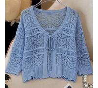 Cardigan elegante taglie forti con maniche 3/4, scollo rotondo, fiocco e dettagli traforati, blu navy, per appuntamenti autunnali e feste 0XL,1XL,2XL,3XLColore unicoTessuto