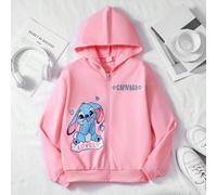 Cardigan giacca con cappuccio e cerniera a maniche lunghe in maglia rosa per ragazze, primavera/autunno, stampa di Stitch cartone animato con cuore e lettera sul davanti, vestibilità casual ampia, ada