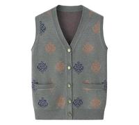 Cardigan Gilet Aperto sul Davanti per Donna Classico Cardigan Lavorato A Maglia da Nonna A 5 Bottoni con Stampa A Contrasto, Maglione Senza Maniche, Gilet con Tasca Frontale Grigio Verde M