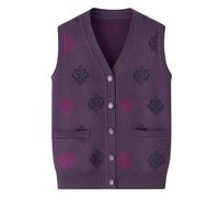 Cardigan Gilet Aperto sul Davanti per Donna Classico Cardigan Lavorato A Maglia da Nonna A 5 Bottoni con Stampa A Contrasto, Maglione Senza Maniche, Gilet con Tasca Frontale Viola XXL
