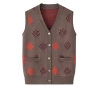 Cardigan Gilet Aperto sul Davanti per Donna Classico Cardigan Lavorato A Maglia da Nonna A 5 Bottoni con Stampa A Contrasto, Maglione Senza Maniche, Gilet con Tasca Frontale, Marrone Chiaro 3XL