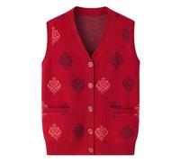 Cardigan Gilet Aperto sul Davanti per Donna Classico Cardigan Lavorato A Maglia da Nonna A 5 Bottoni con Stampa A Contrasto, Maglione Senza Maniche, Gilet con Tasca Frontale, Rosso M