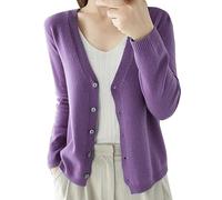 Cardigan in cashmere per le donne con bottoni a collo alto a maniche lunghe maglione lavorato a maglia maglione cardigan caldo, Viola, L